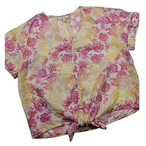 Charter Club Luxury Womens Lg Linen Floral Tie Front V-Neck Blouse Pink Yellow